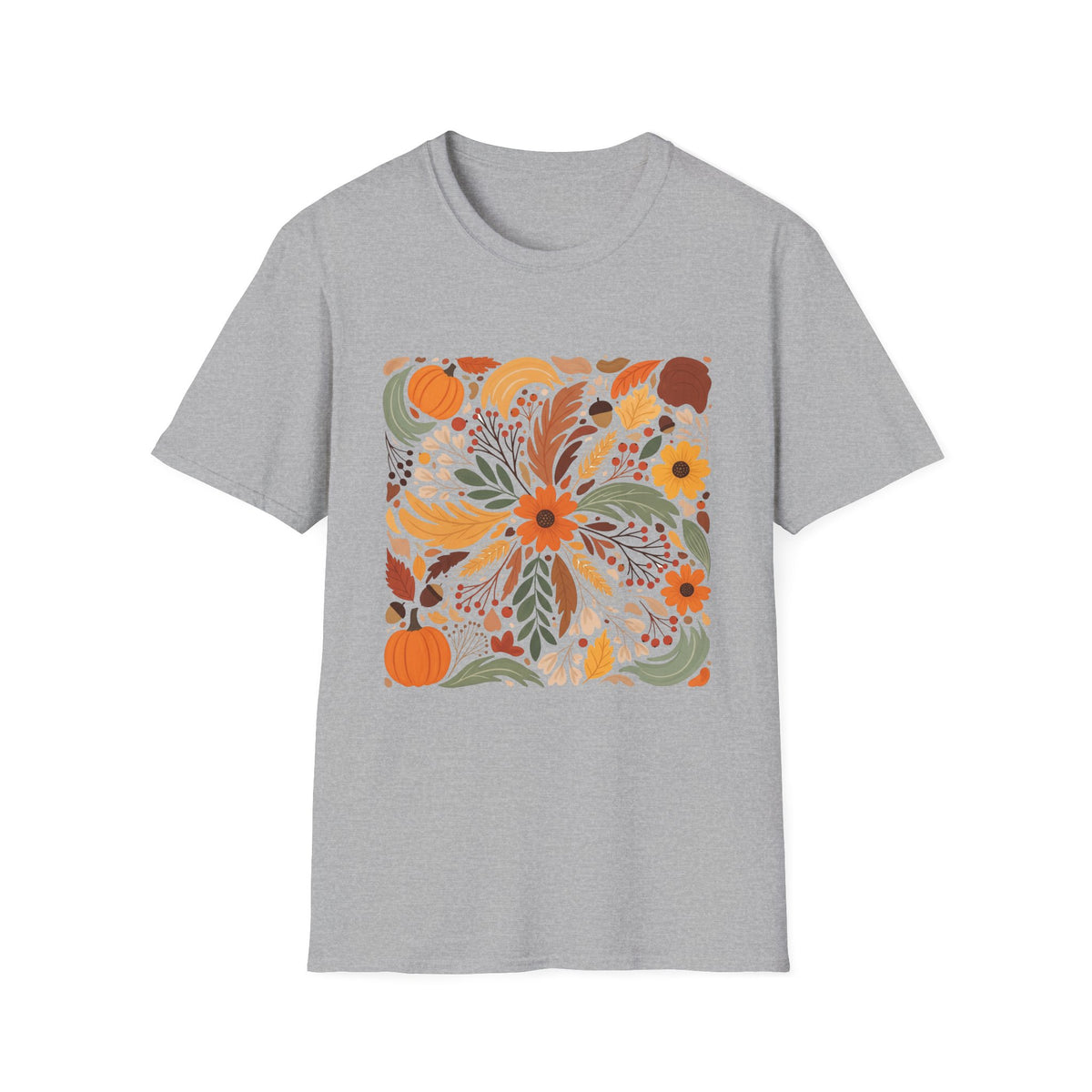 Graphic Autumn Harvest T-Shirt — Fall Leaves & Pumpkins Floral Tee