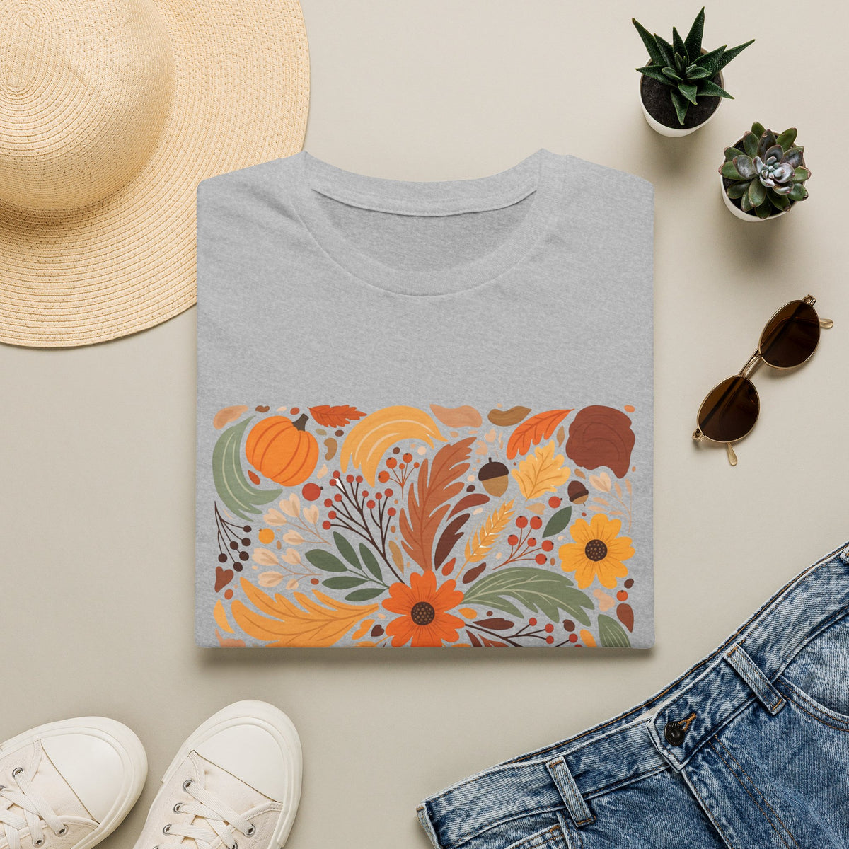 Graphic Autumn Harvest T-Shirt — Fall Leaves & Pumpkins Floral Tee