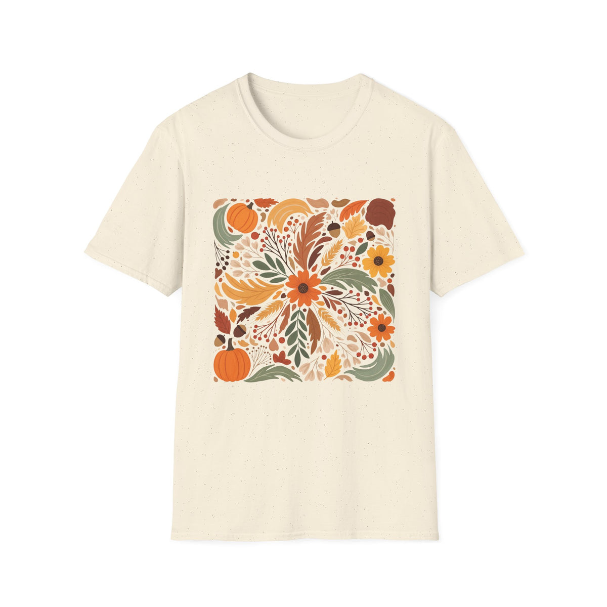 Graphic Autumn Harvest T-Shirt — Fall Leaves & Pumpkins Floral Tee