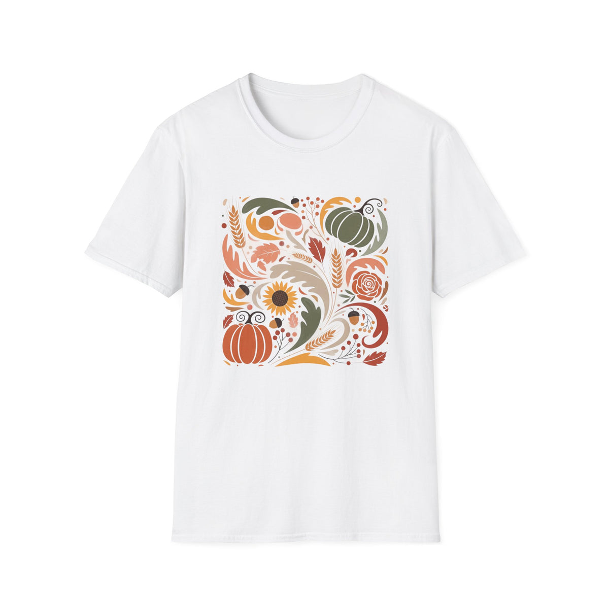 Colorful Autumn Harvest T-Shirt — Pumpkin & Sunflower Fall Graphic Tee