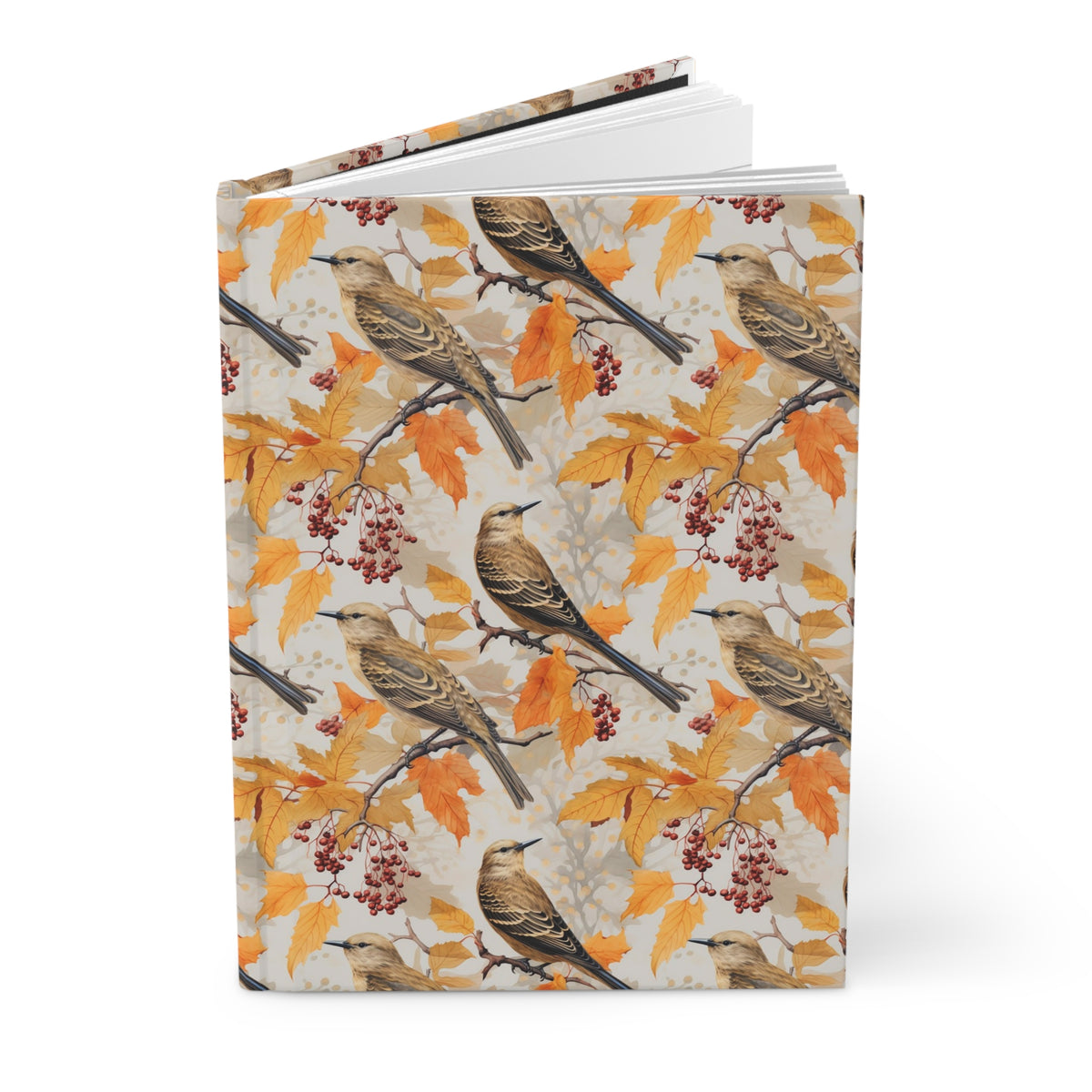 Autumn Finch Hardcover Journal — Watercolor Songbird & Fall Leaves Notebook