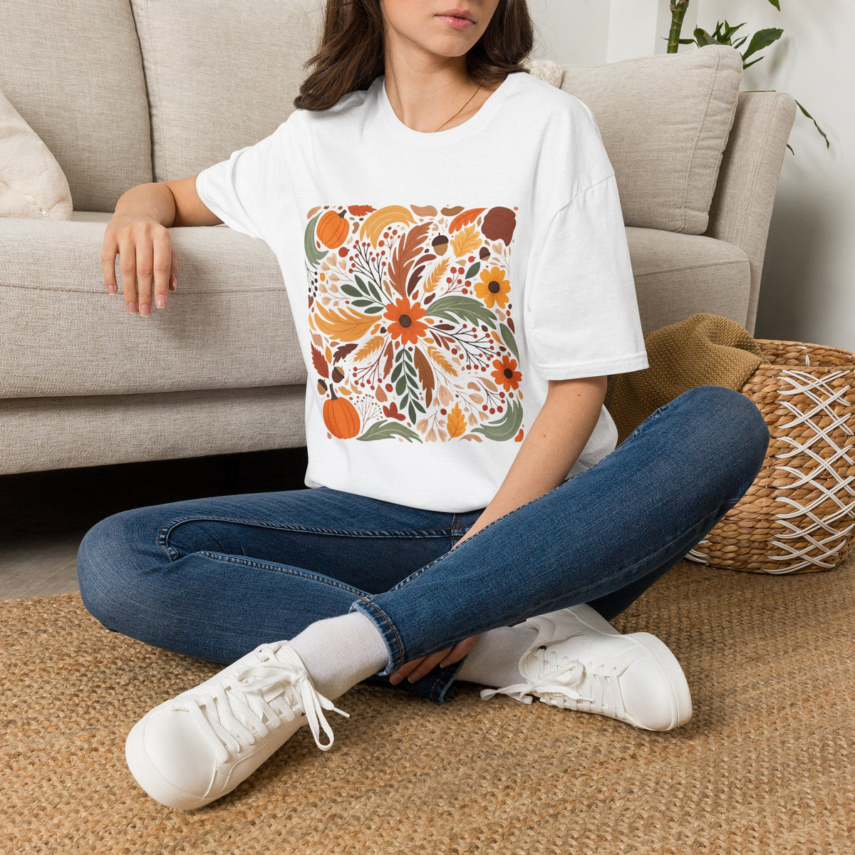 Graphic Autumn Harvest T-Shirt — Fall Leaves & Pumpkins Floral Tee