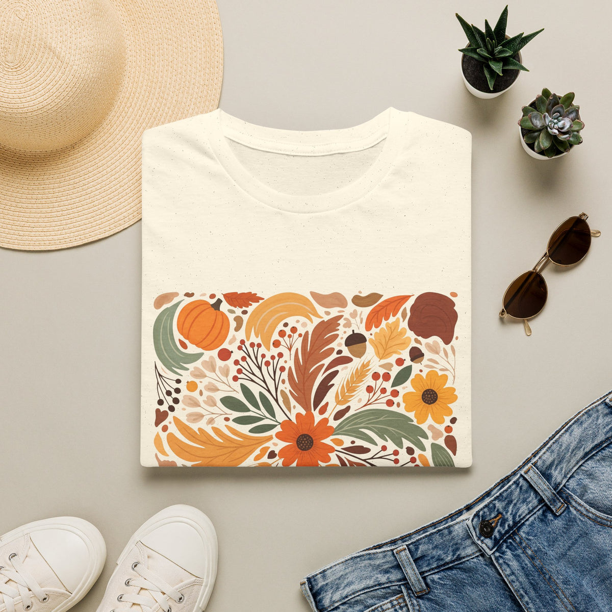 Graphic Autumn Harvest T-Shirt — Fall Leaves & Pumpkins Floral Tee