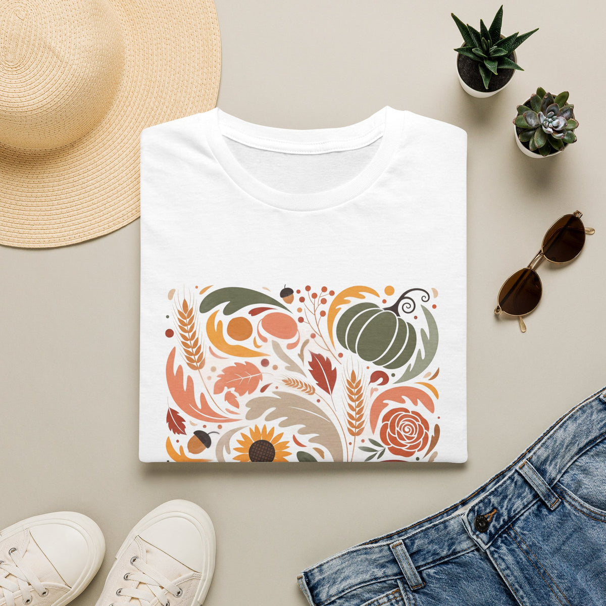 Colorful Autumn Harvest T-Shirt — Pumpkin & Sunflower Fall Graphic Tee