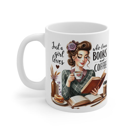 Funny Vintage "Just a Girl Who Loves Books & Coffee" Mug