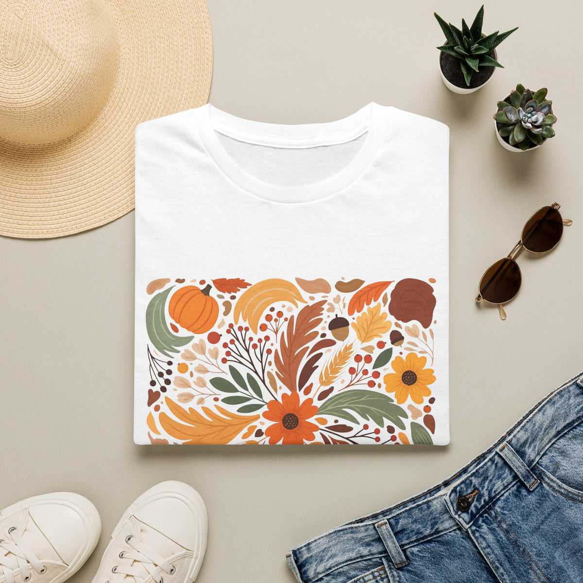 Graphic Autumn Harvest T-Shirt — Fall Leaves & Pumpkins Floral Tee