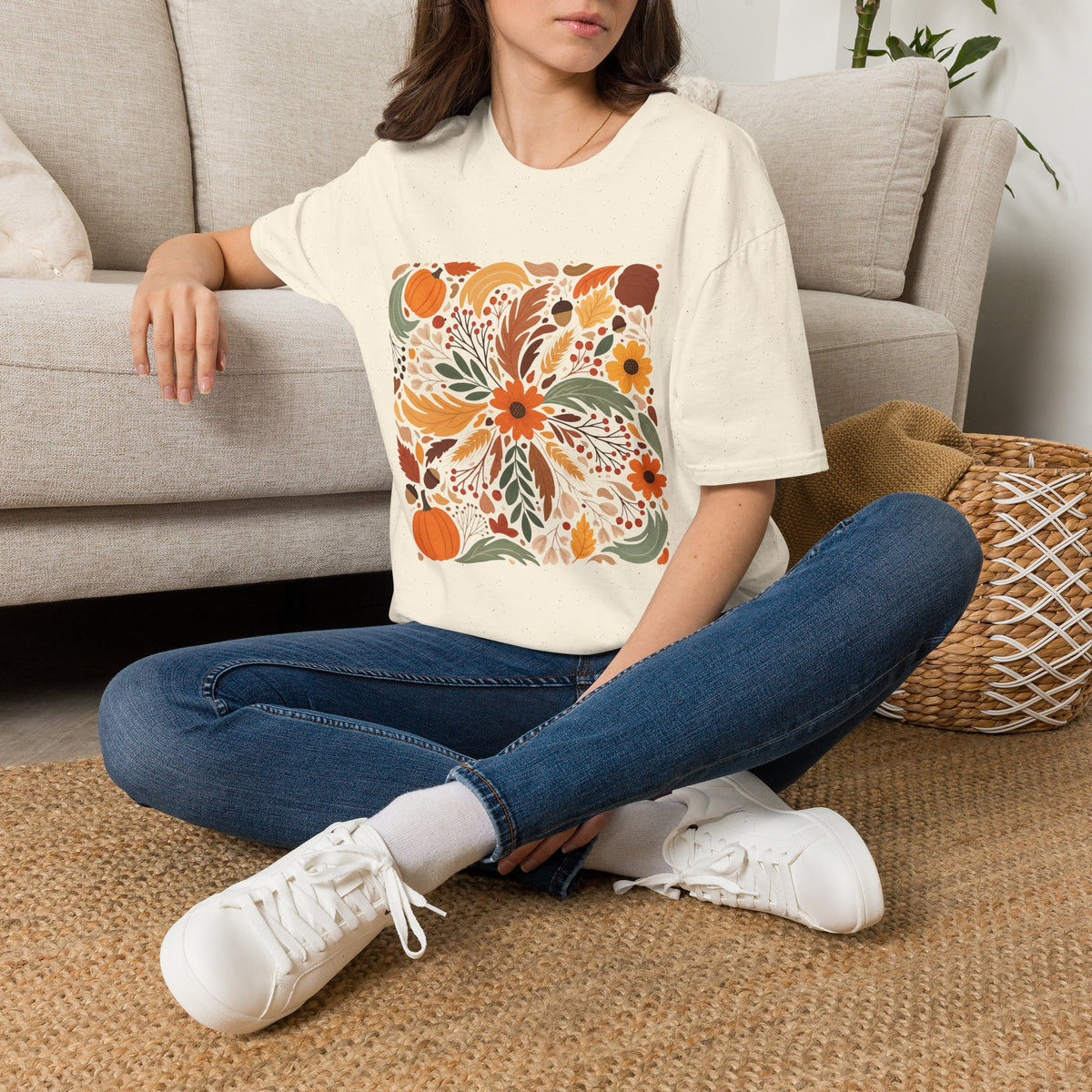 Graphic Autumn Harvest T-Shirt — Fall Leaves & Pumpkins Floral Tee