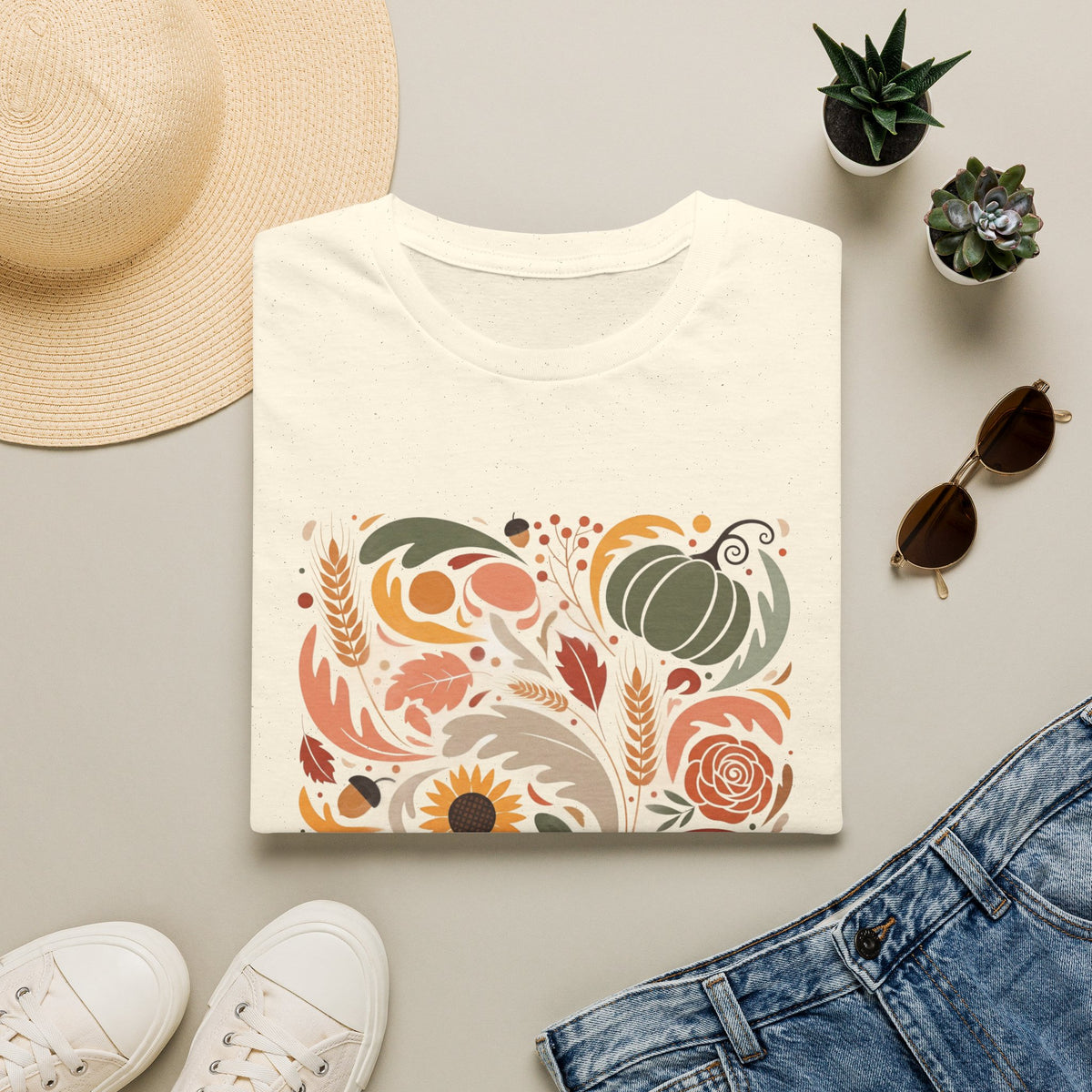 Colorful Autumn Harvest T-Shirt — Pumpkin & Sunflower Fall Graphic Tee
