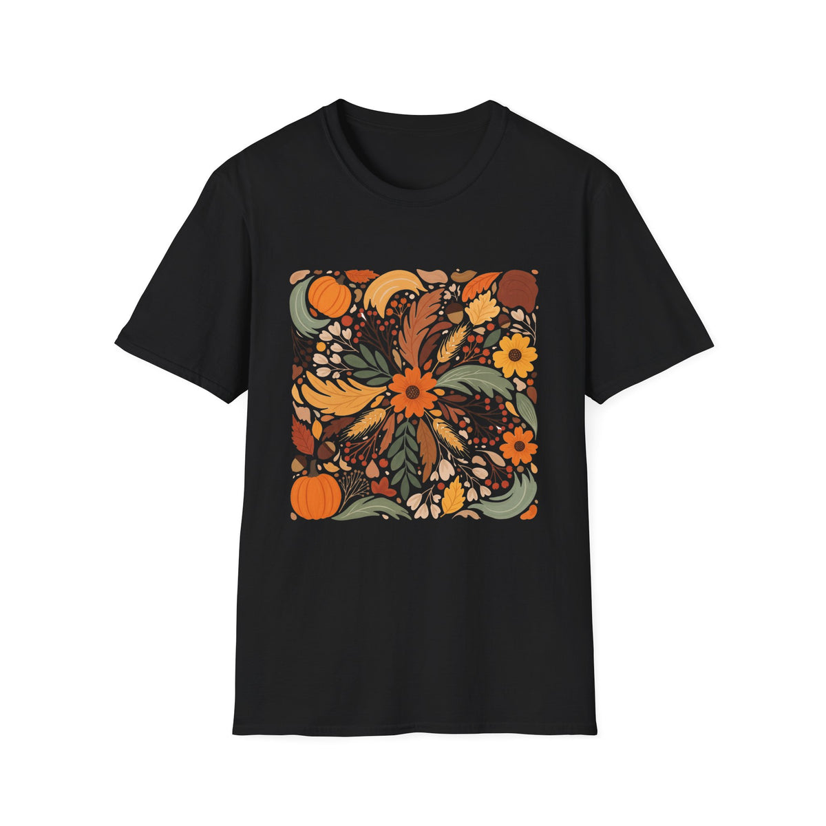 Graphic Autumn Harvest T-Shirt — Fall Leaves & Pumpkins Floral Tee