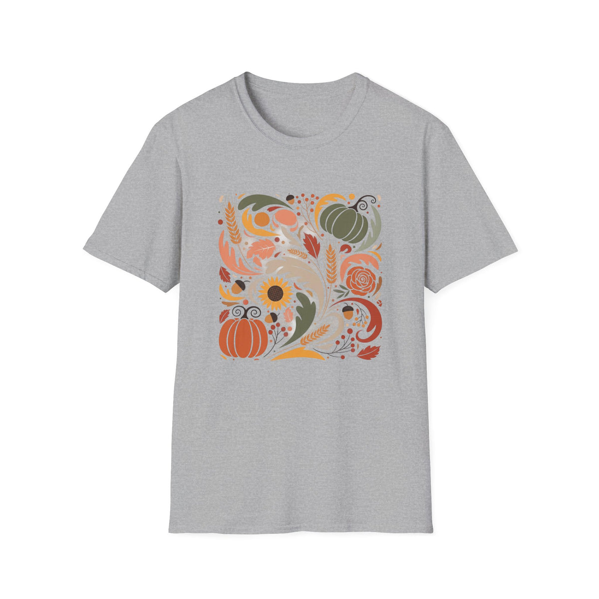 Colorful Autumn Harvest T-Shirt — Pumpkin & Sunflower Fall Graphic Tee