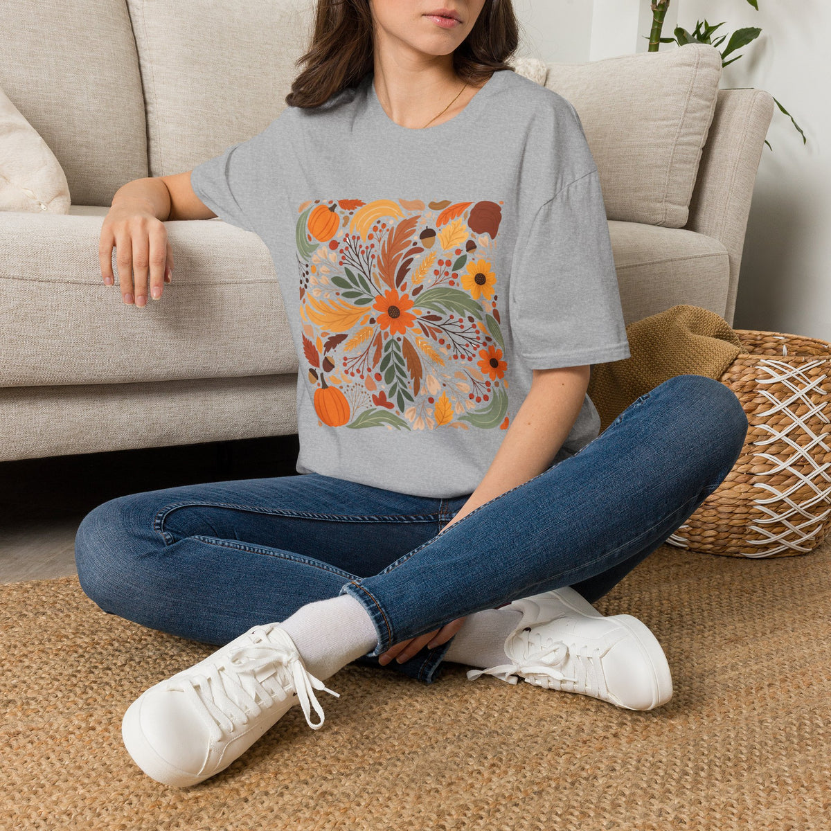 Graphic Autumn Harvest T-Shirt — Fall Leaves & Pumpkins Floral Tee