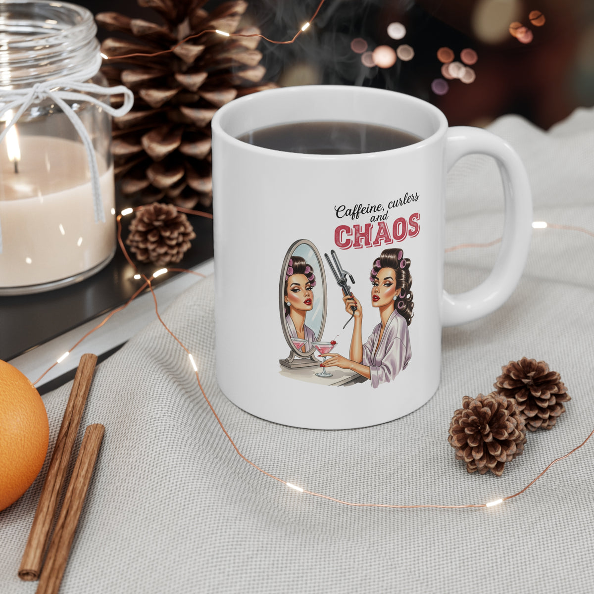 Funny Vintage "Caffeine, Curlers, and CHAOS" Mug
