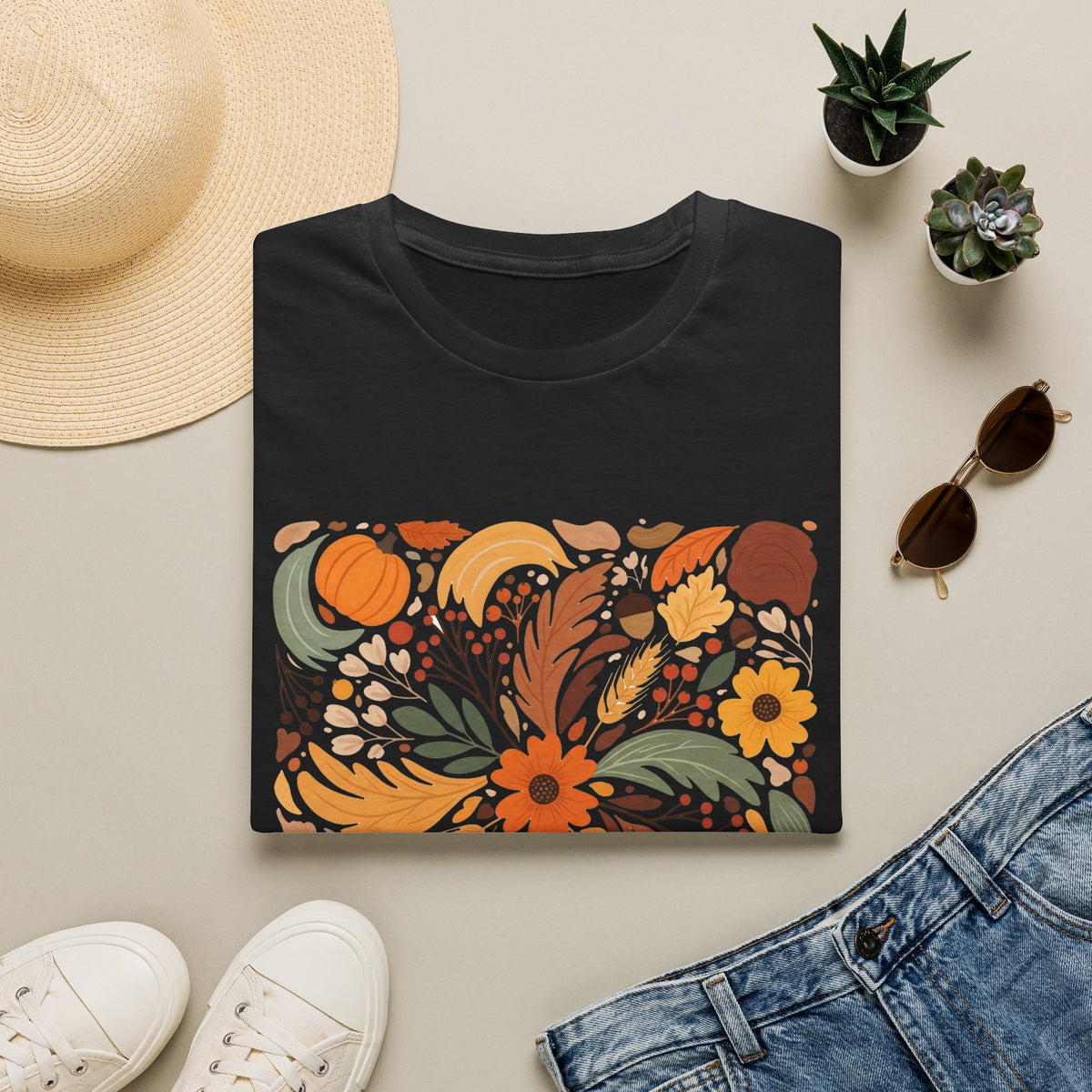 Graphic Autumn Harvest T-Shirt — Fall Leaves & Pumpkins Floral Tee