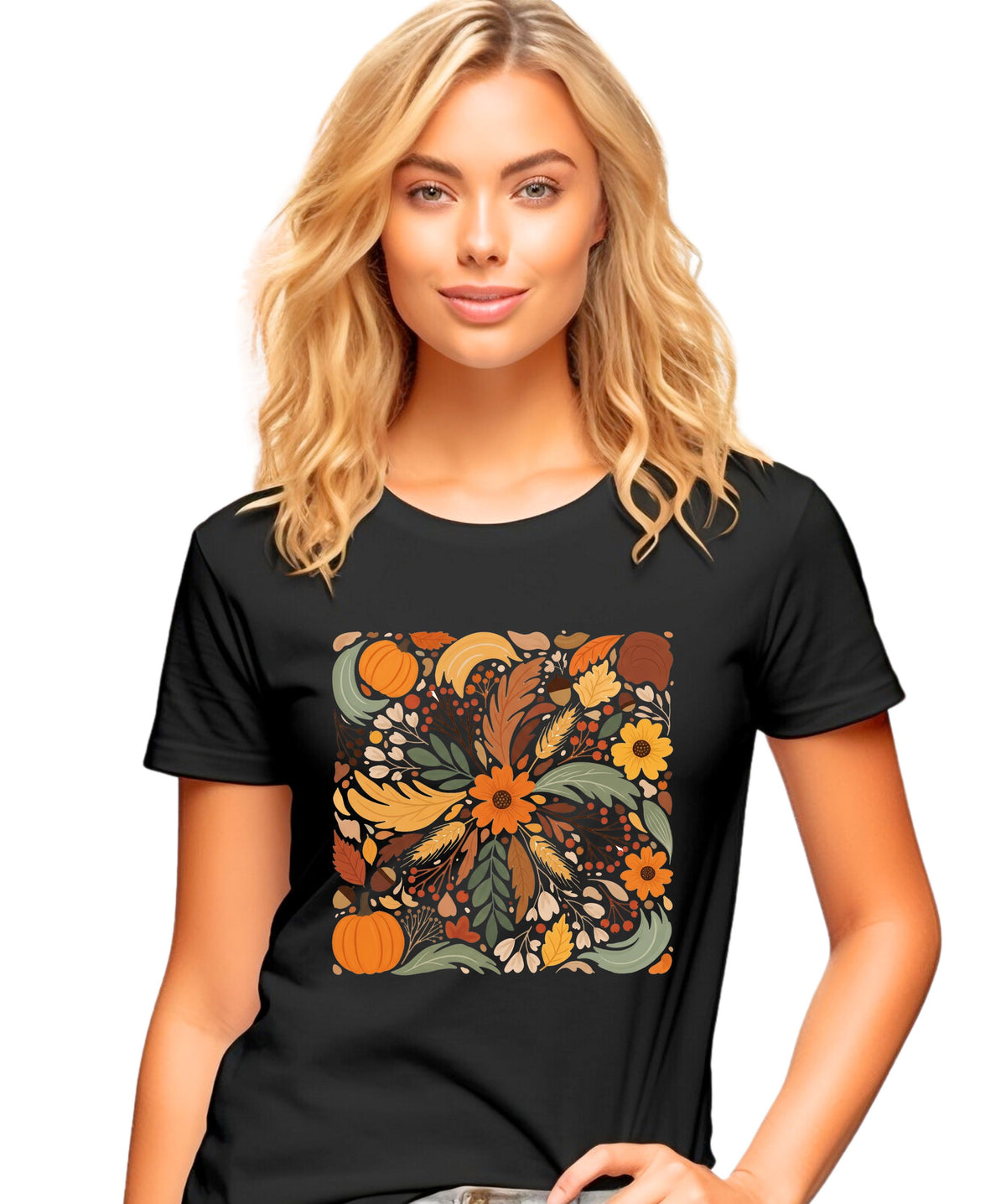 Graphic Autumn Harvest T-Shirt — Fall Leaves & Pumpkins Floral Tee