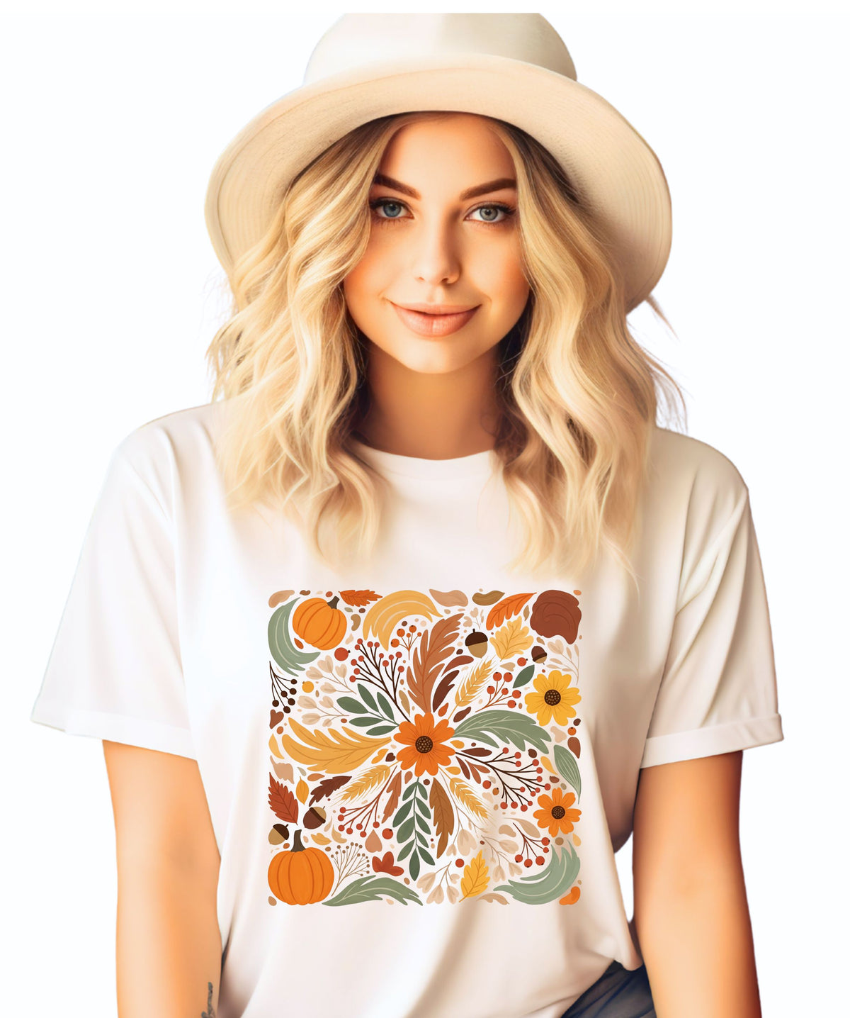 Graphic Autumn Harvest T-Shirt — Fall Leaves & Pumpkins Floral Tee