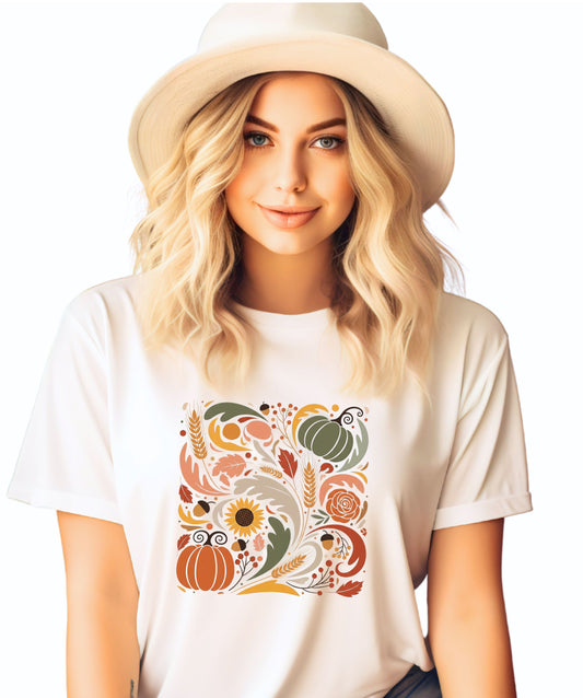 Colorful Autumn Harvest T-Shirt — Pumpkin & Sunflower Fall Graphic Tee