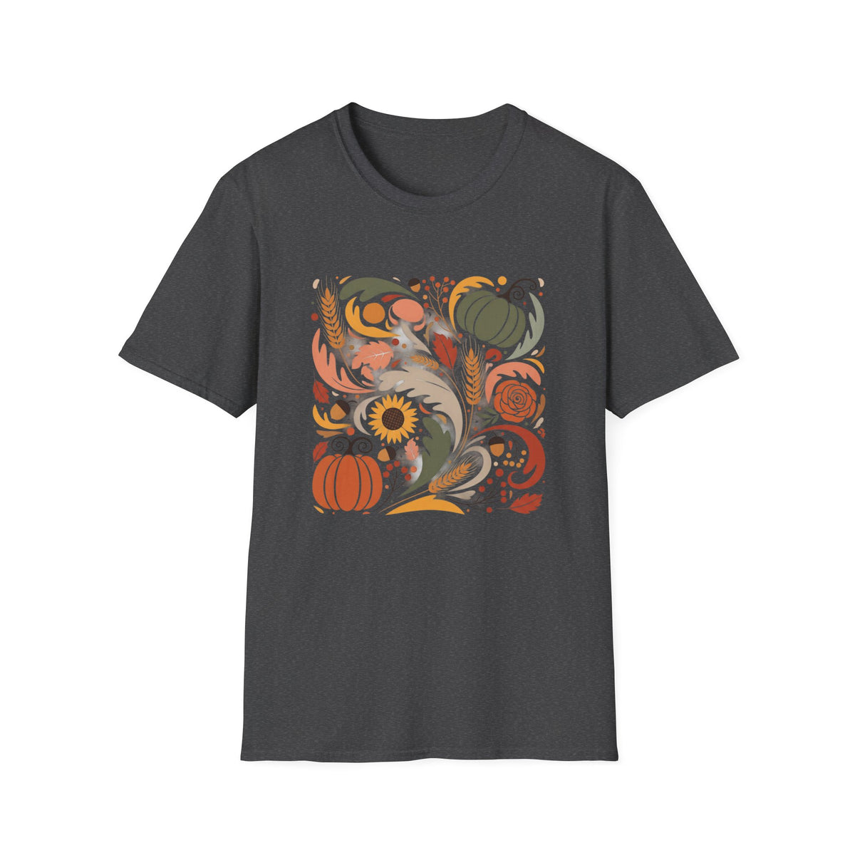 Colorful Autumn Harvest T-Shirt — Pumpkin & Sunflower Fall Graphic Tee