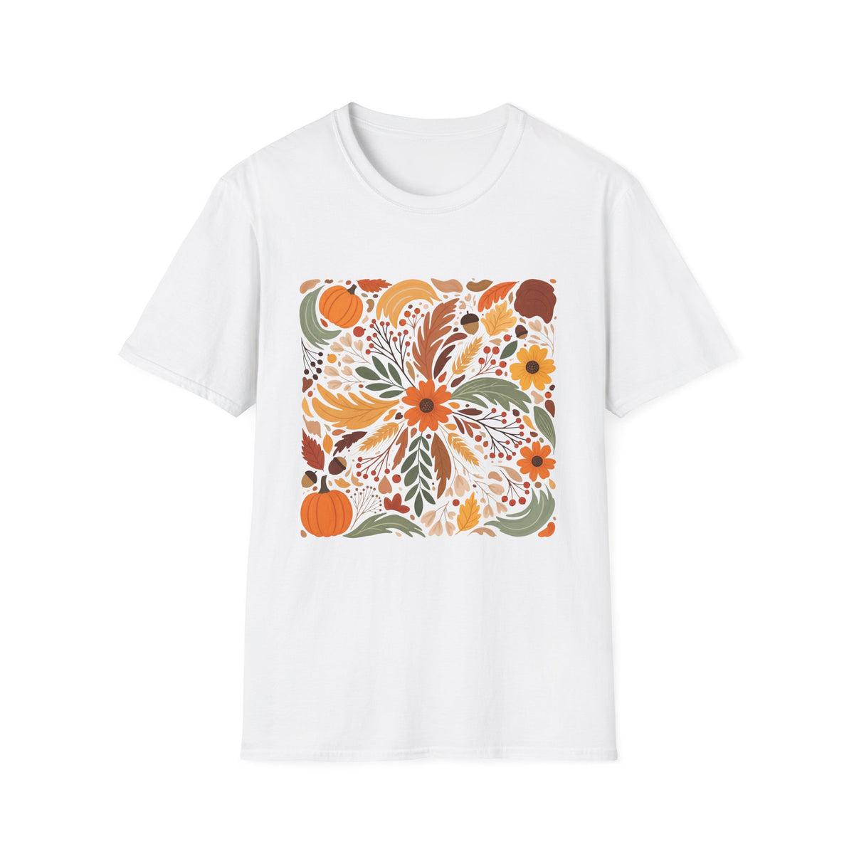 Graphic Autumn Harvest T-Shirt — Fall Leaves & Pumpkins Floral Tee