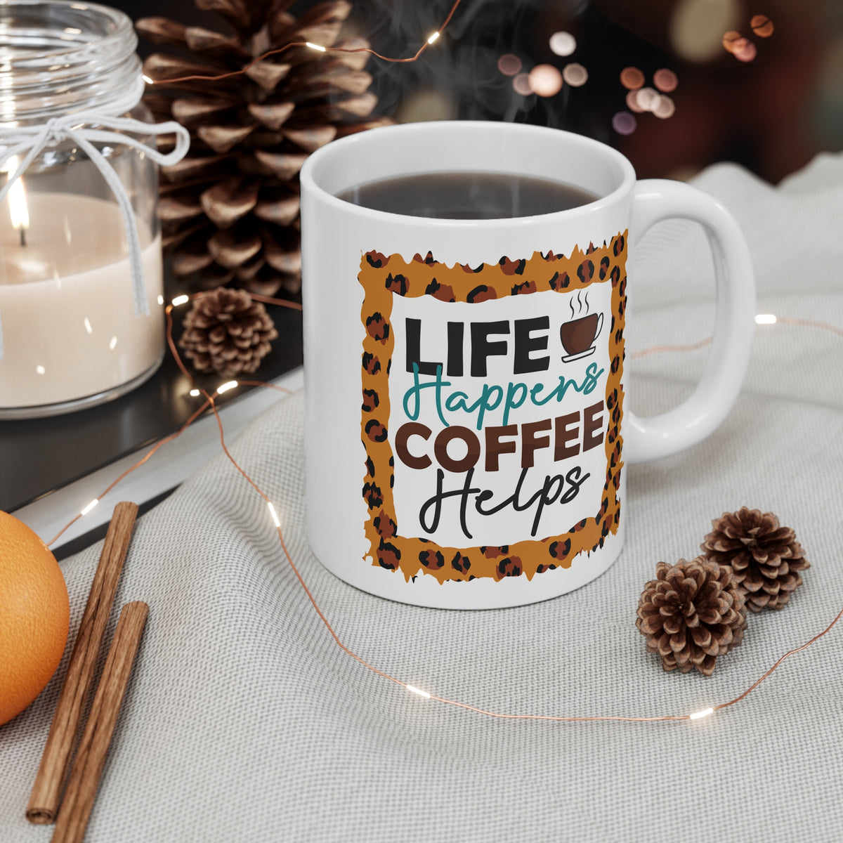"Life Happens, Coffee Helps" Leopard Print Mug Gift