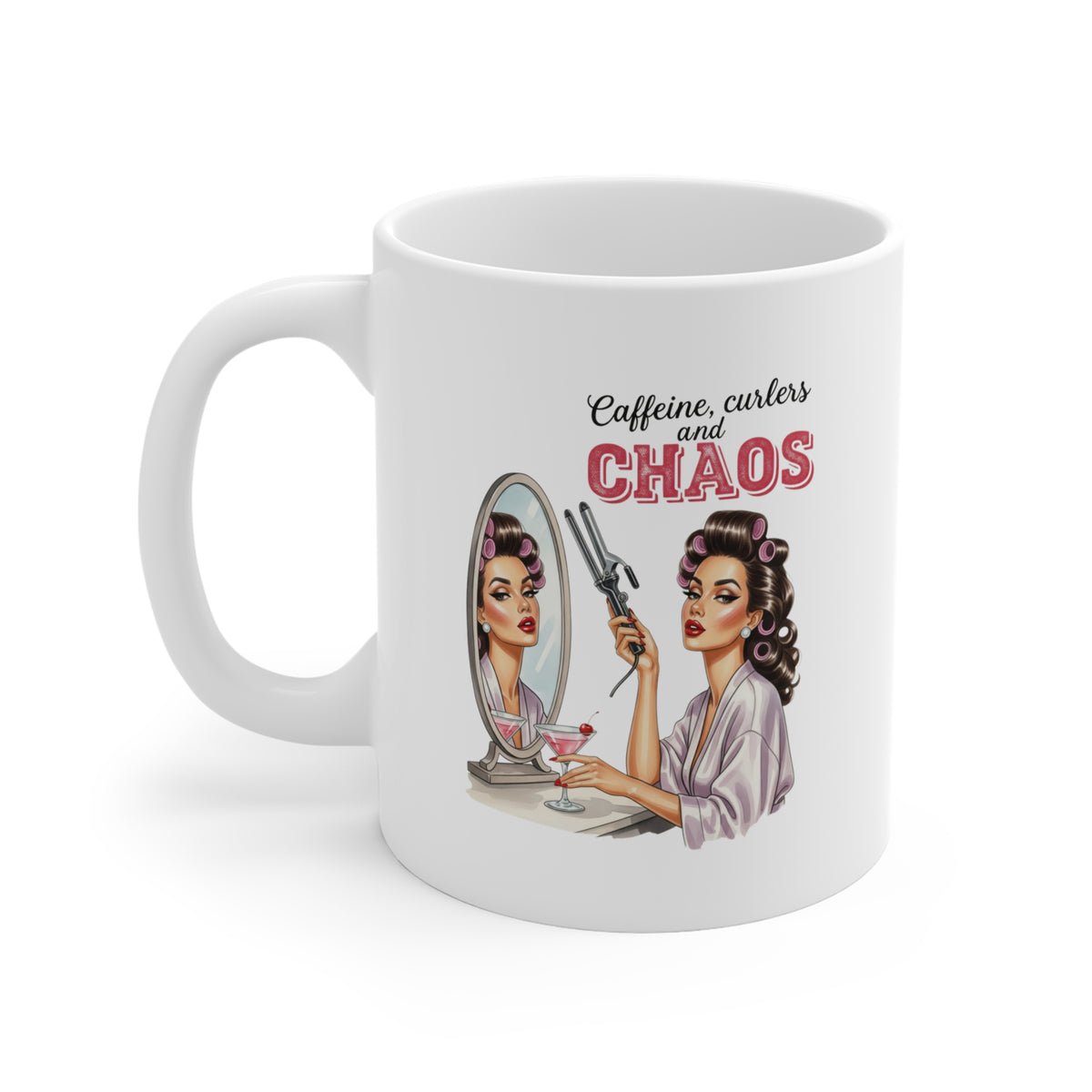 Funny Vintage "Caffeine, Curlers, and CHAOS" Mug