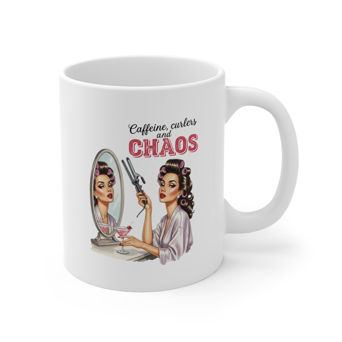 Funny Vintage "Caffeine, Curlers, and CHAOS" Mug