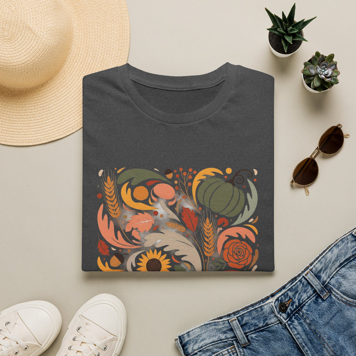 Colorful Autumn Harvest T-Shirt — Pumpkin & Sunflower Fall Graphic Tee