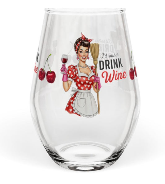 Funny Vintage "I'd Rather Drink Wine" Wine Glass