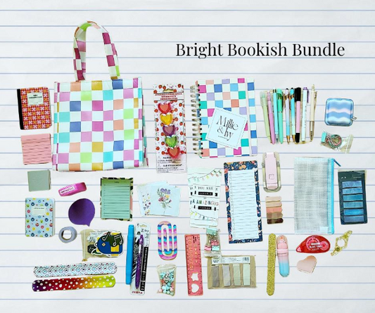 Bright Bookish Bundle: Pastel Checkered Stationery Set, Lunch Bag, Journal