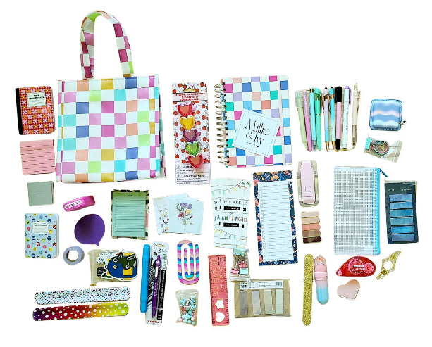 Bright Bookish Bundle: Pastel Checkered Stationery Set, Lunch Bag, Journal